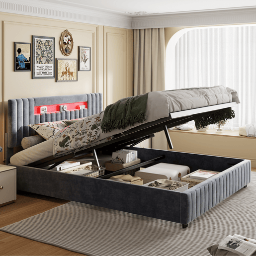 Cama com arrumação 140x200cm - Cama de casal com estrado de ripas e cabeceira LED com arrumação, em tecido veludo cinzento Cama com arrumação 140x200cm - Cama de casal com estrado de ripas e cabeceira LED com arrumação, em tecido veludo cinzento