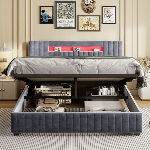 Cama com arrumação 140x200cm - Cama de casal com estrado de ripas e cabeceira LED com arrumação, em tecido veludo cinzento Cama com arrumação 140x200cm - Cama de casal com estrado de ripas e cabeceira LED com arrumação, em tecido veludo cinzento