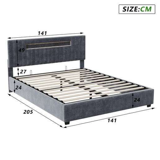 Cama com arrumação 140x200cm - Cama de casal com estrado de ripas e cabeceira LED com arrumação, em tecido veludo cinzento Cama com arrumação 140x200cm - Cama de casal com estrado de ripas e cabeceira LED com arrumação, em tecido veludo cinzento