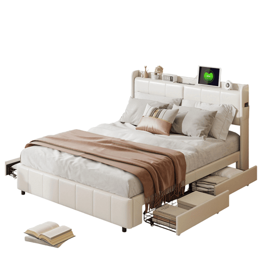 Cama de casal 160 x 200 com 4 gavetas, com carregamento USB, PU, bege