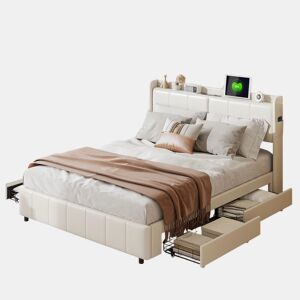 Cama de casal 160 x 200 com 4 gavetas, com carregamento USB, PU, bege
