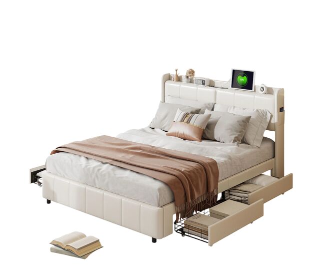 Cama doble de 160 x 200 con 4 cajones, puerto de carga USB, poliuretano, color beige