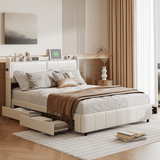 Cama de casal 160 x 200 com 4 gavetas, com carregamento USB, PU, bege