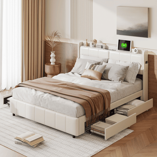 Cama de casal 160 x 200 com 4 gavetas, com carregamento USB, PU, bege