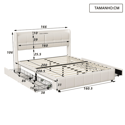 Cama de casal 160 x 200 com 4 gavetas, com carregamento USB, PU, bege