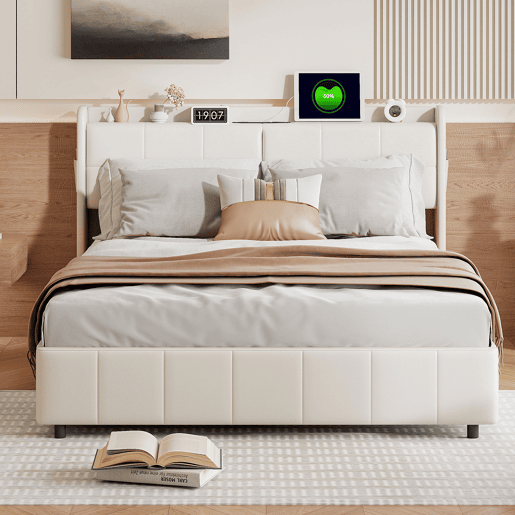 Cama de casal 160 x 200 com 4 gavetas, com carregamento USB, PU, bege