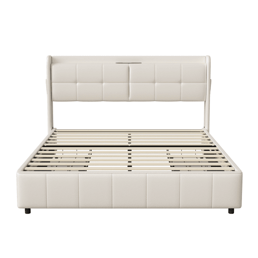 Cama de casal 160 x 200 com 4 gavetas, com carregamento USB, PU, bege