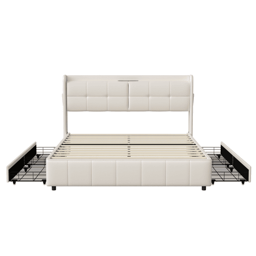 Cama de casal 160 x 200 com 4 gavetas, com carregamento USB, PU, bege