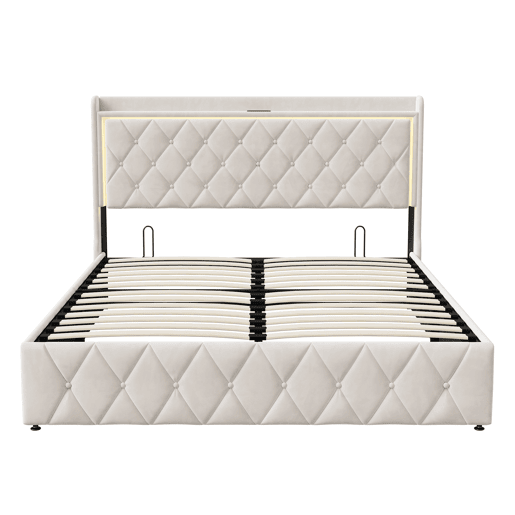Cama de ar + abajur de cabeceira + função de carregamento veludo bege 140*190cm
