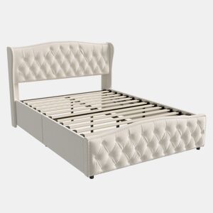 Cama estofada 160x200cm com estrado de ripas, cama box hidráulica com box e espaço de arrumação, cama de casal em veludo, cama com arrumação, cama funcional, bege