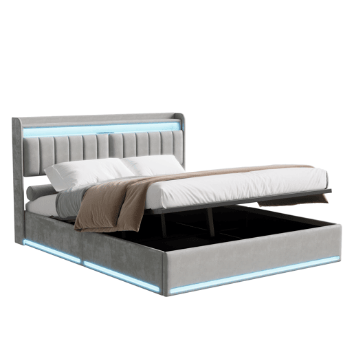 Cama estofada de 140 x 190 cm com carregamento USB, cama de casal para jovens, cama com arrumação, iluminação LED e cabeceira com arrumação, estrado de ripas hidráulico.