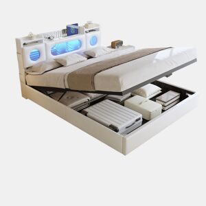 Cama 160x200 cm com compartimentos de molas a gás, portas USB e USB-C, iluminação LED e estofado em linho branco, prática e moderna
