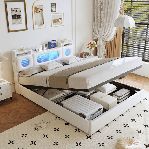 Cama 160x200 cm com compartimentos de molas a gás, portas USB e USB-C, iluminação LED e estofado em linho branco, prática e moderna