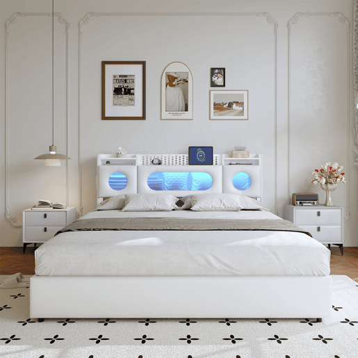Cama 160x200 cm com compartimentos de molas a gás, portas USB e USB-C, iluminação LED e estofado em linho branco, prática e moderna Cama 160x200 cm com compartimentos de molas a gás, portas USB e USB-C, iluminação LED e estofado em linho branco, prática e moderna