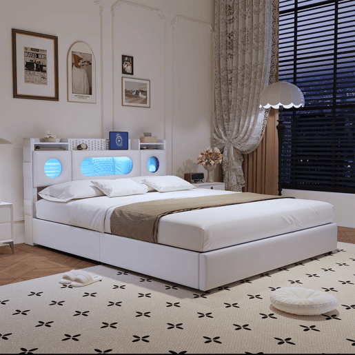 Cama 160x200 cm com compartimentos de molas a gás, portas USB e USB-C, iluminação LED e estofado em linho branco, prática e moderna Cama 160x200 cm com compartimentos de molas a gás, portas USB e USB-C, iluminação LED e estofado em linho branco, prática e moderna