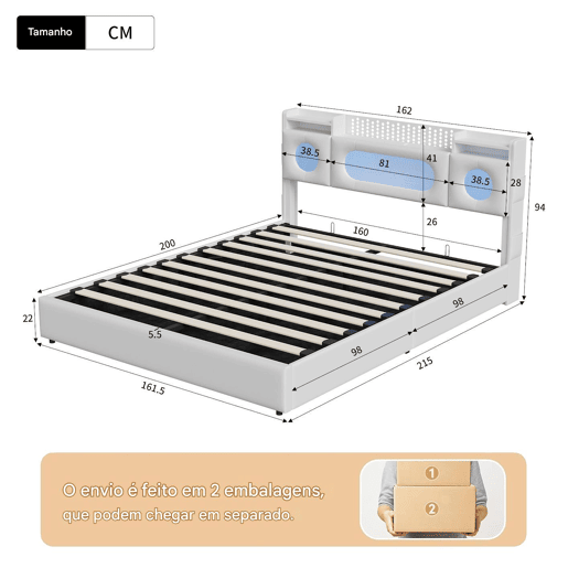 Cama 160x200 cm com compartimentos de molas a gás, portas USB e USB-C, iluminação LED e estofado em linho branco, prática e moderna Cama 160x200 cm com compartimentos de molas a gás, portas USB e USB-C, iluminação LED e estofado em linho branco, prática e moderna
