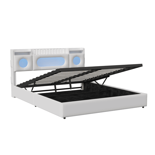 Cama 160x200 cm com compartimentos de molas a gás, portas USB e USB-C, iluminação LED e estofado em linho branco, prática e moderna