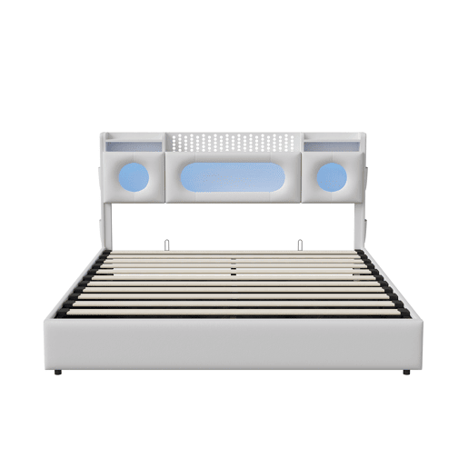 Cama 160x200 cm com compartimentos de molas a gás, portas USB e USB-C, iluminação LED e estofado em linho branco, prática e moderna