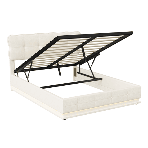 Cama de arrumação 160x200cm, tecido de veludo, estrutura de cama com cabeceira, iluminação LED, base de ripas, cama hidráulica multifuncional, cama de adulto estilo moderno, bege Cama de arrumação 160x200cm, tecido de veludo, estrutura de cama com cabeceira, iluminação LED, base de ripas, cama hidráulica multifuncional, cama de adulto estilo moderno, bege