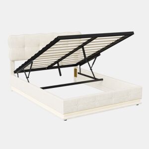 Cama de arrumação 160x200cm, tecido de veludo, estrutura de cama com cabeceira, iluminação LED, base de ripas, cama hidráulica multifuncional, cama de adulto estilo moderno, bege