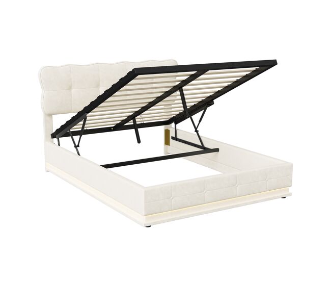 Cama canapé 160x200cm, tejido terciopelo, estructura de cama con cabecero, iluminación LED, somier de láminas, cama hidráulica multifunción, cama adulto estilo moderno, Beige