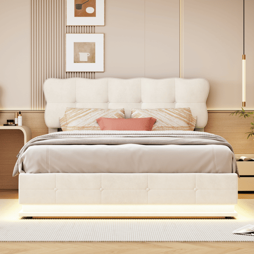 Cama de arrumação 160x200cm, tecido de veludo, estrutura de cama com cabeceira, iluminação LED, base de ripas, cama hidráulica multifuncional, cama de adulto estilo moderno, bege Cama de arrumação 160x200cm, tecido de veludo, estrutura de cama com cabeceira, iluminação LED, base de ripas, cama hidráulica multifuncional, cama de adulto estilo moderno, bege