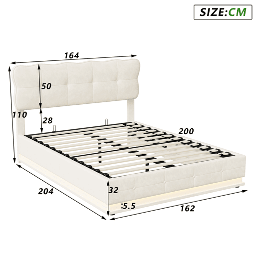 Cama de arrumação 160x200cm, tecido de veludo, estrutura de cama com cabeceira, iluminação LED, base de ripas, cama hidráulica multifuncional, cama de adulto estilo moderno, bege Cama de arrumação 160x200cm, tecido de veludo, estrutura de cama com cabeceira, iluminação LED, base de ripas, cama hidráulica multifuncional, cama de adulto estilo moderno, bege