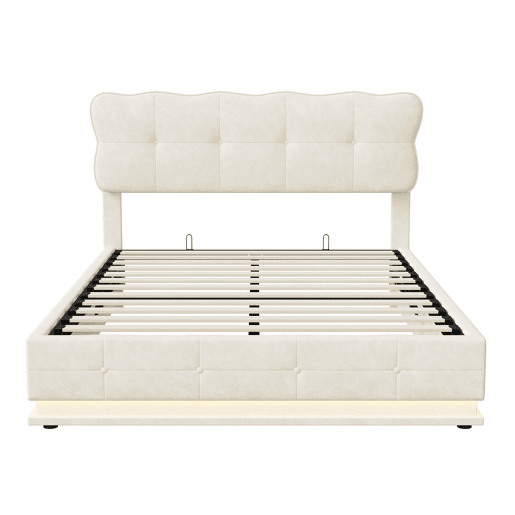 Cama de arrumação 160x200cm, tecido de veludo, estrutura de cama com cabeceira, iluminação LED, base de ripas, cama hidráulica multifuncional, cama de adulto estilo moderno, bege Cama de arrumação 160x200cm, tecido de veludo, estrutura de cama com cabeceira, iluminação LED, base de ripas, cama hidráulica multifuncional, cama de adulto estilo moderno, bege