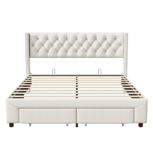 Cama estofada 160x200cm com decoração com tachas, gavetas, faixas de luz, entrada USB, bolsa de arrumação, bege, com carregador europeu.