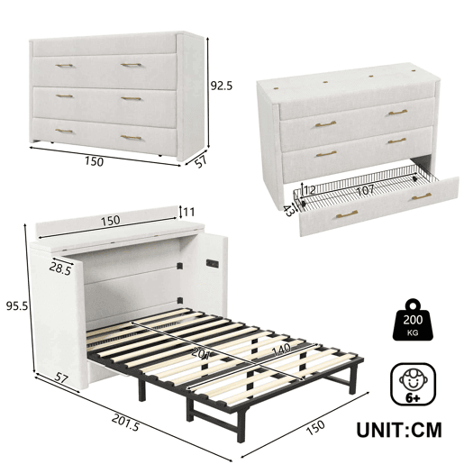 Cama armário 140x200 - Com gaveta, ligações USB e Tipo-C, plataforma convertível, sem colchão - Bege Cama armário 140x200 - Com gaveta, ligações USB e Tipo-C, plataforma convertível, sem colchão - Bege