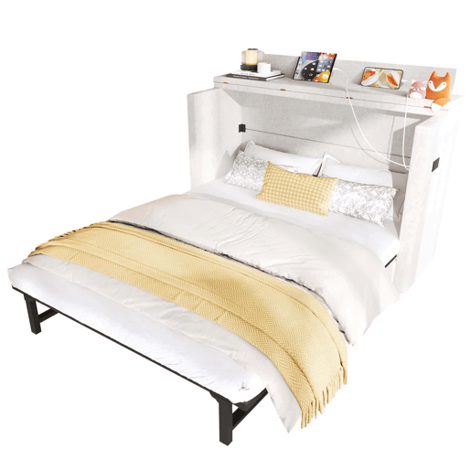Cama armário 140x200 - Com gaveta, ligações USB e Tipo-C, plataforma convertível, sem colchão - Bege Cama armário 140x200 - Com gaveta, ligações USB e Tipo-C, plataforma convertível, sem colchão - Bege