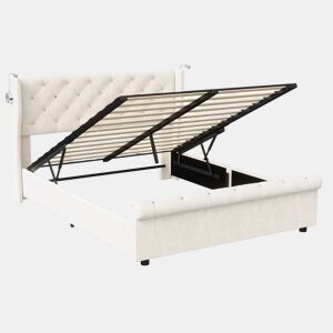 Cama de arrumação 160x200cm com cabeceira, luz de leitura com carregamento USB, base de ripas, estrutura de cama, cama de casal estilo contemporâneo, bege