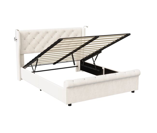 Cama contenedor 160x200cm con almacenaje, con cabecero, luz de lectura con carga USB, somier, estructura de cama, cama doble de estilo moderno, Beige