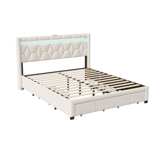 Cama doble tapizada (160x200 cm), 4 cajones y led, cabecero con función de carga usb, canapé con somier de láminas de madera, cama juvenil con
