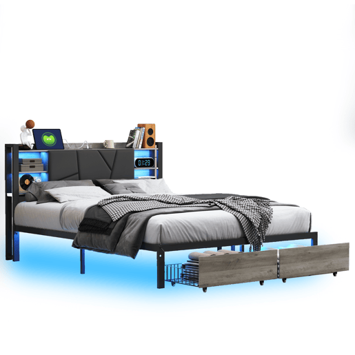 Cama de casal estofada 160x200cm, cama metálica com 2 gavetas, cabeceira com LED e tomada, estrutura de cama com estrado de ripas metálicas