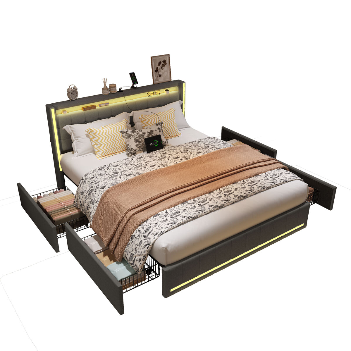 Cama tapizada con led y función de carga usb en el cabecero y 4 cajones. cama doble de 140 x 200 cm con canapé y somier de láminas de madera en gris