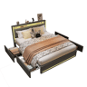 Cama estofada com LEDs e função de carregamento USB na cabeceira e 4 gavetas. Cama de casal de 140 x 200 cm com estrado de arrumação e estrado de ripas de madeira cinza escuro.