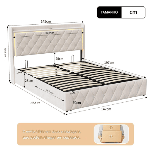 Cama de ar + abajur de cabeceira + função de carregamento veludo bege 140*200cm