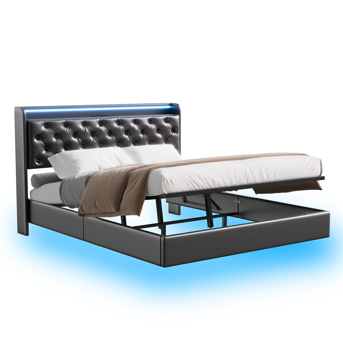 Cama suspendida 160x200 cm con almacenaje integrado, cabecero led, tapizado pu negro, tomas usb y de corriente, estructura hidráulica moderna