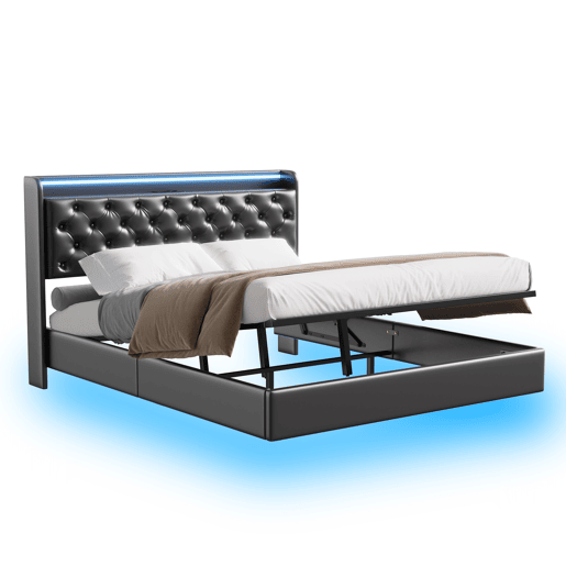 Cama suspensa 160x200 cm com armazenamento integrado, cabeceira LED, estofado PU preto, tomadas USB e de corrente, estrutura hidráulica moderna Cama suspensa 160x200 cm com armazenamento integrado, cabeceira LED, estofado PU preto, tomadas USB e de corrente, estrutura hidráulica moderna