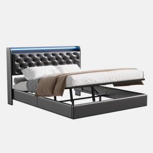 Cama suspensa 160x200 cm com armazenamento integrado, cabeceira LED, estofado PU preto, tomadas USB e de corrente, estrutura hidráulica moderna