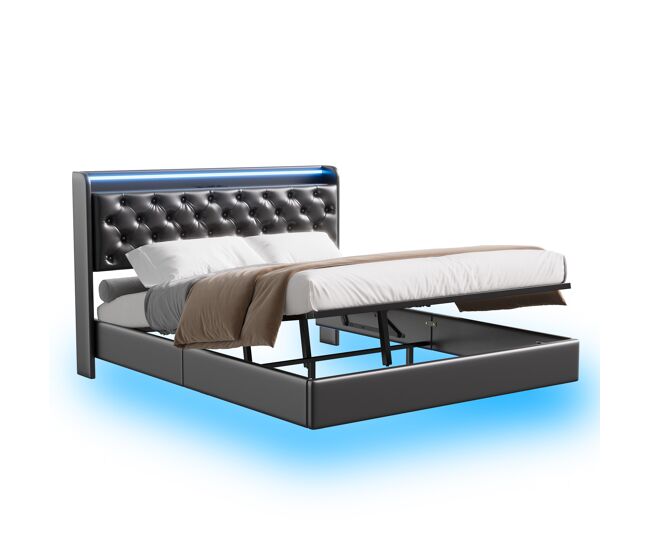 Cama suspendida 160x200 cm con almacenaje integrado, cabecero led, tapizado pu negro, tomas usb y de corriente, estructura hidráulica moderna