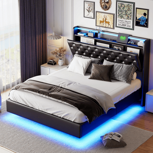 Cama suspensa 160x200 cm com armazenamento integrado, cabeceira LED, estofado PU preto, tomadas USB e de corrente, estrutura hidráulica moderna Cama suspensa 160x200 cm com armazenamento integrado, cabeceira LED, estofado PU preto, tomadas USB e de corrente, estrutura hidráulica moderna