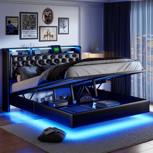 Cama suspensa 160x200 cm com armazenamento integrado, cabeceira LED, estofado PU preto, tomadas USB e de corrente, estrutura hidráulica moderna Cama suspensa 160x200 cm com armazenamento integrado, cabeceira LED, estofado PU preto, tomadas USB e de corrente, estrutura hidráulica moderna