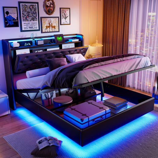 Cama suspensa 160x200 cm com armazenamento integrado, cabeceira LED, estofado PU preto, tomadas USB e de corrente, estrutura hidráulica moderna Cama suspensa 160x200 cm com armazenamento integrado, cabeceira LED, estofado PU preto, tomadas USB e de corrente, estrutura hidráulica moderna