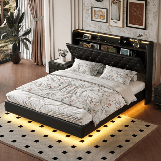 Cama suspensa 160x200 cm com armazenamento integrado, cabeceira LED, estofado PU preto, tomadas USB e de corrente, estrutura hidráulica moderna Cama suspensa 160x200 cm com armazenamento integrado, cabeceira LED, estofado PU preto, tomadas USB e de corrente, estrutura hidráulica moderna