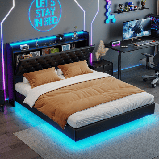 Cama suspensa 160x200 cm com armazenamento integrado, cabeceira LED, estofado PU preto, tomadas USB e de corrente, estrutura hidráulica moderna Cama suspensa 160x200 cm com armazenamento integrado, cabeceira LED, estofado PU preto, tomadas USB e de corrente, estrutura hidráulica moderna