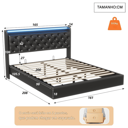 Cama suspensa 160x200 cm com armazenamento integrado, cabeceira LED, estofado PU preto, tomadas USB e de corrente, estrutura hidráulica moderna Cama suspensa 160x200 cm com armazenamento integrado, cabeceira LED, estofado PU preto, tomadas USB e de corrente, estrutura hidráulica moderna