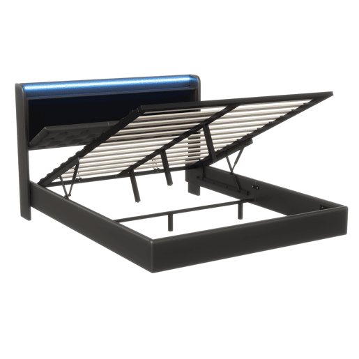 Cama suspensa 160x200 cm com armazenamento integrado, cabeceira LED, estofado PU preto, tomadas USB e de corrente, estrutura hidráulica moderna Cama suspensa 160x200 cm com armazenamento integrado, cabeceira LED, estofado PU preto, tomadas USB e de corrente, estrutura hidráulica moderna