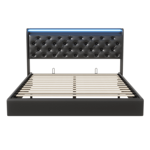 Cama suspensa 160x200 cm com armazenamento integrado, cabeceira LED, estofado PU preto, tomadas USB e de corrente, estrutura hidráulica moderna Cama suspensa 160x200 cm com armazenamento integrado, cabeceira LED, estofado PU preto, tomadas USB e de corrente, estrutura hidráulica moderna